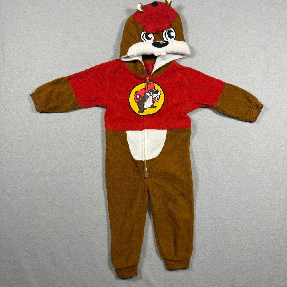 Buc-ee's Toddler Mascot Character Fleece Hooded Jumpsuit 3T Red Brown